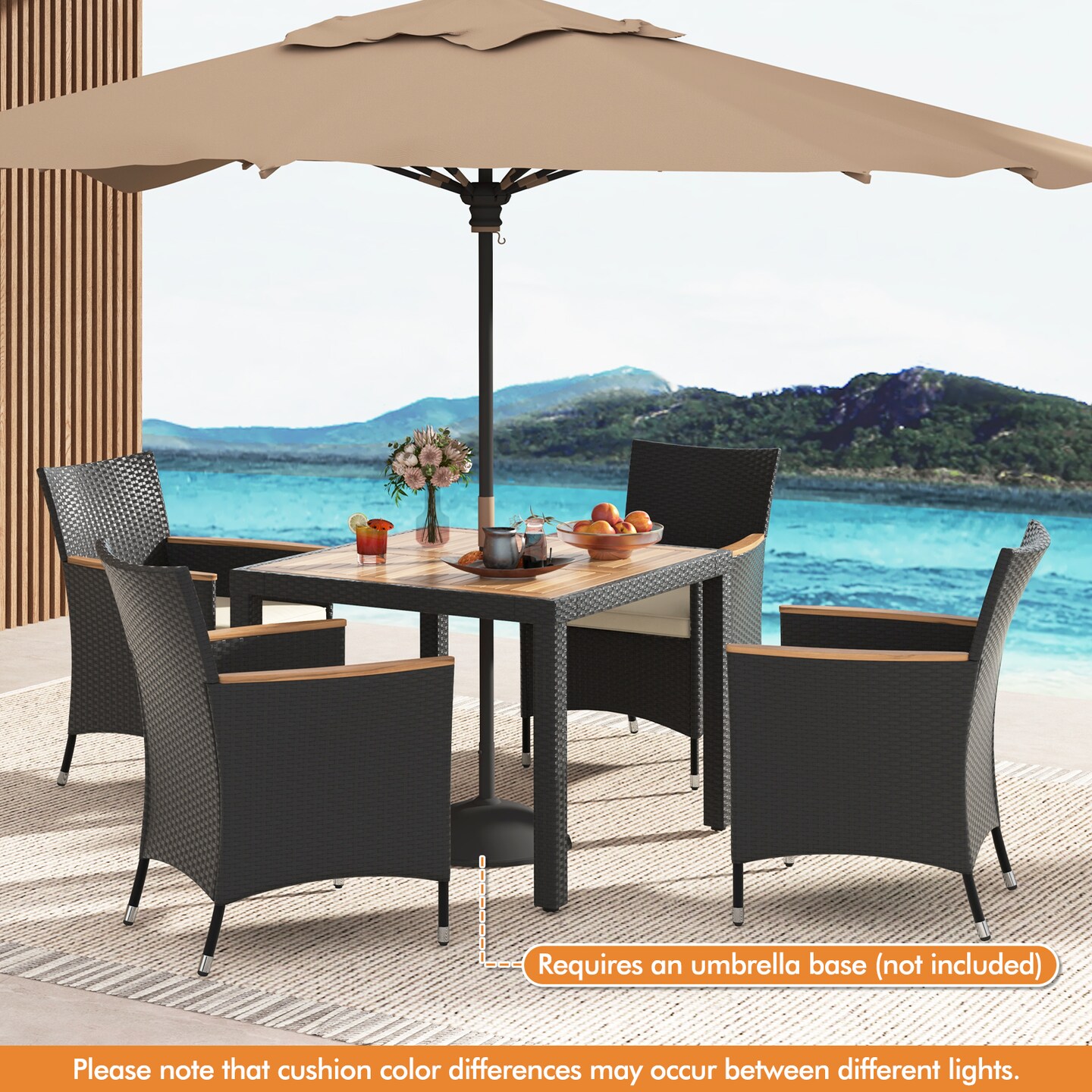 Acacia Wood Dining Set, 5-Piece Rattan Table with Cushioned Chairs and Umbrella Hole