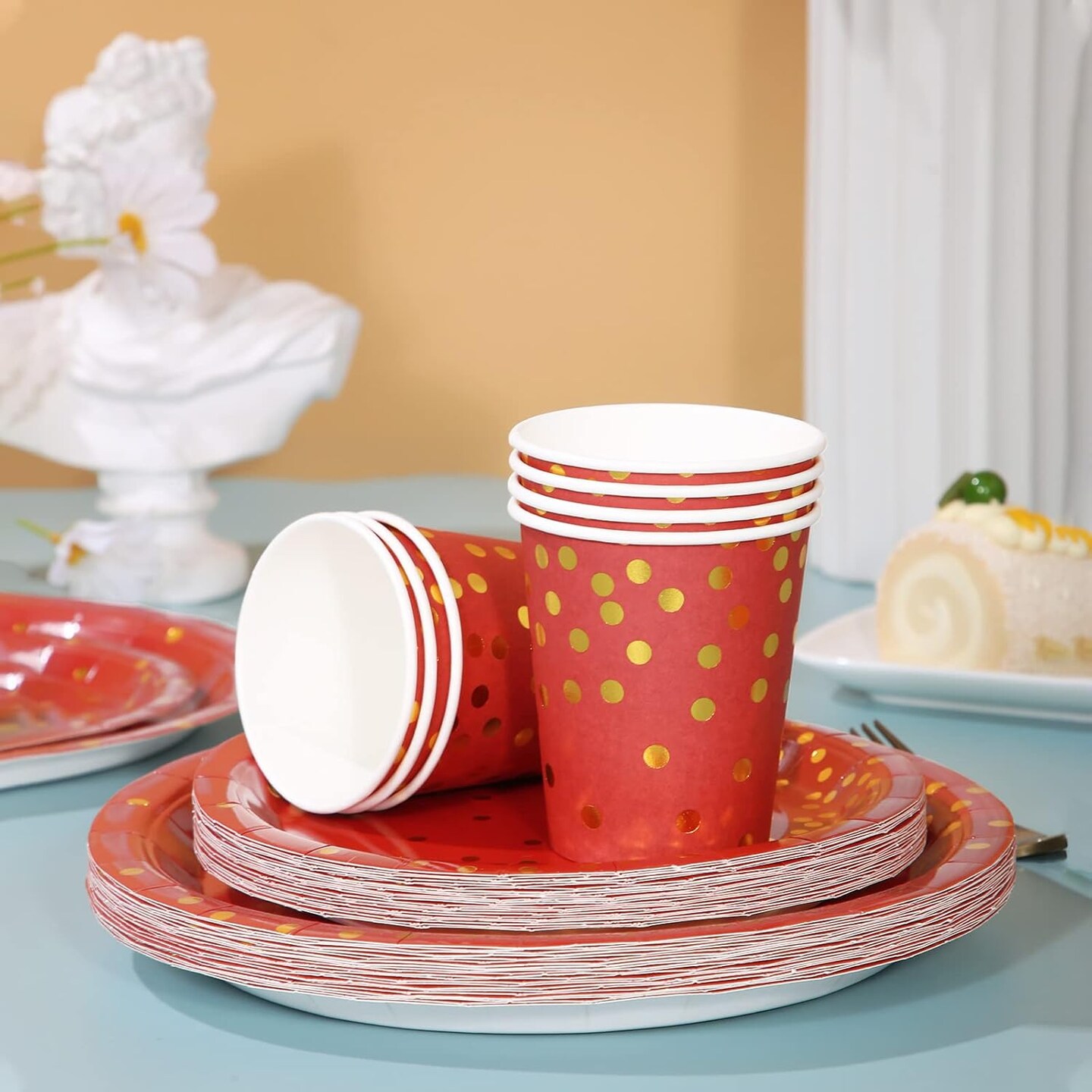 168Pcs Red and Gold Party Tableware Decorations, Red Plates and Napkins Serve 24, Red Paper Plates, Red and Gold Plates for Birthday Valentines Plates, Mardi Gras Plates, Red Graduation Plates