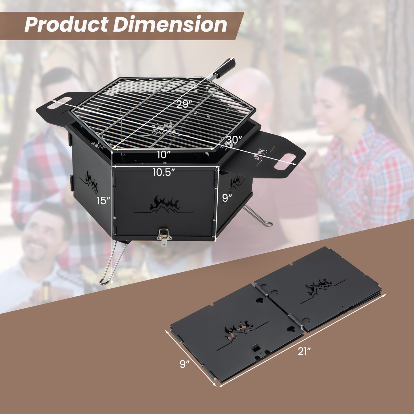 3-in-1 Portable Hibachi Charcoal Grill Carbon Steel &#x26; Stainless Steel