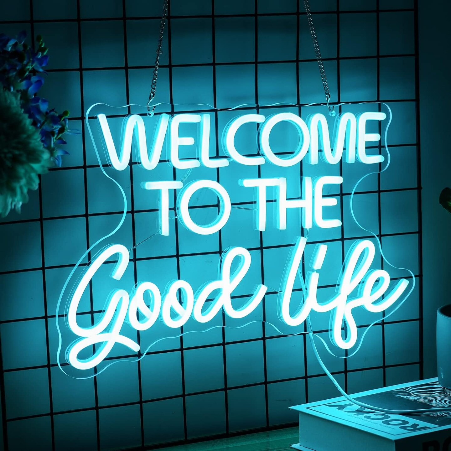 Summer &#x22;Welcome To The Good Life&#x22; Neon Sign &#x2013; Ice Blue LED Light, Dimmable, USB Powered, 16.5&#x2019;&#x2019; x 11&#x2019;&#x2019; &#x2013; Cool Wall Decor for Beach Parties, Poolside Hangouts, Kids Rooms, and Summer Gifts