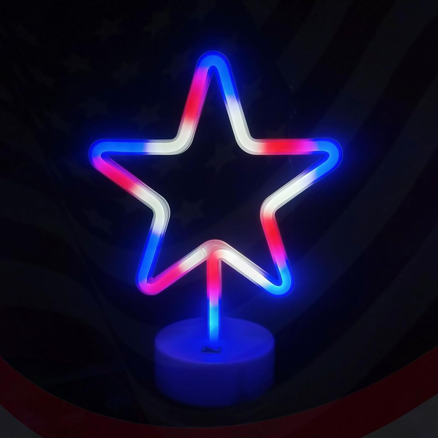 Summer Star Neon Lights – Red, White, and Blue LED Star Sign with Holder Base, USB or Battery Powered Table Light for Bedroom, Home Decor, and Summer Gatherings