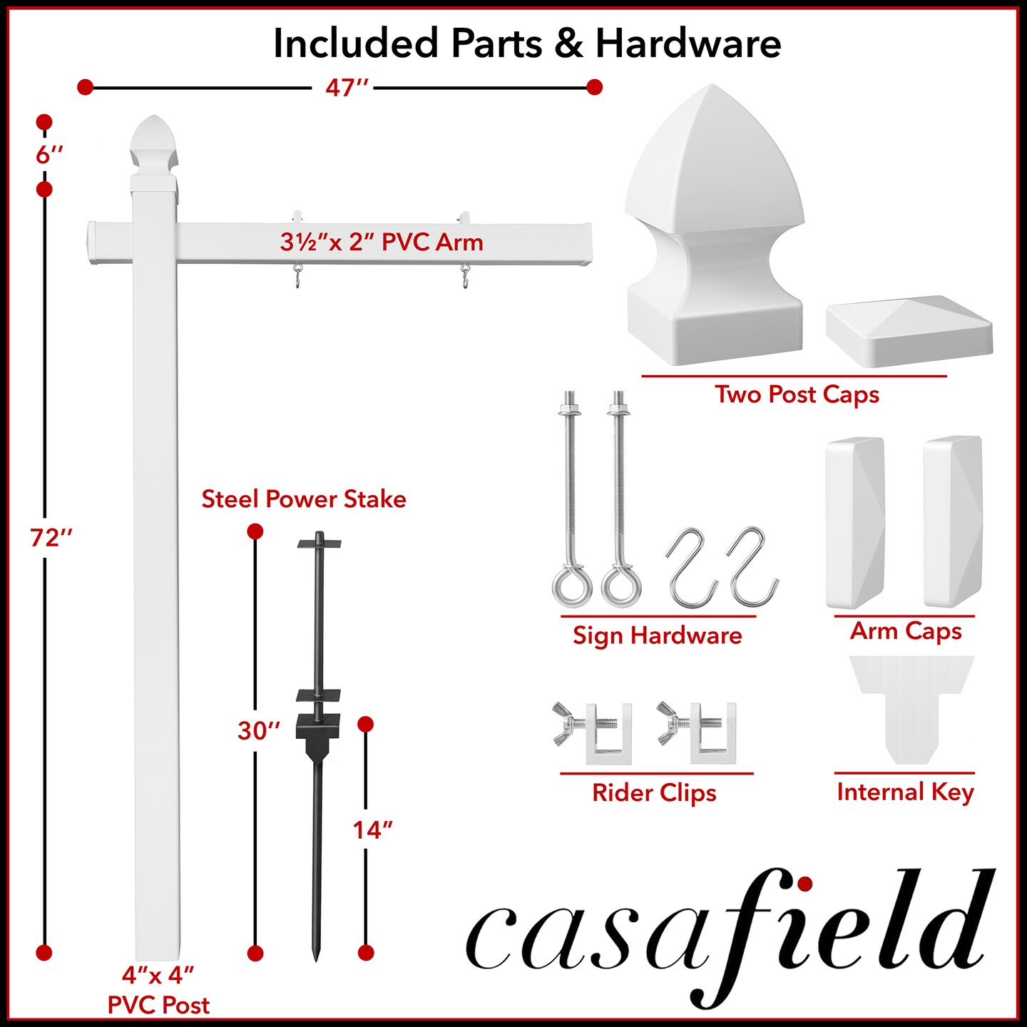 Casafield  Real Estate Sign Post for Open House and Yard Sale Signs with Flat Cap and Gothic Cap Options - Vinyl PVC - White