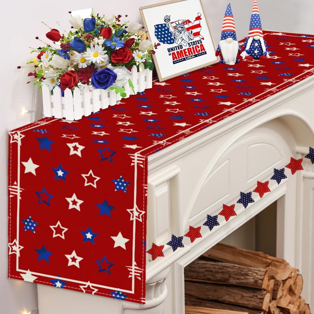 Star Stripe 4th of July Table Runner,Patriotic Memorial Day Kitchen Dining Table Decoration for Home Party Decor 13x72 Inch Red White and Blue