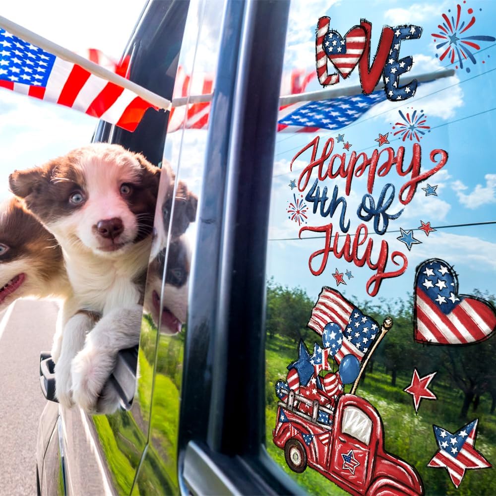 6 Sheets Patriotic Window Clings Happy 4th of July Window Stickers Gnome Truck Stars Firework USA Window Decals Independence Day Window Decor for Home School Office Party Glass Supplies