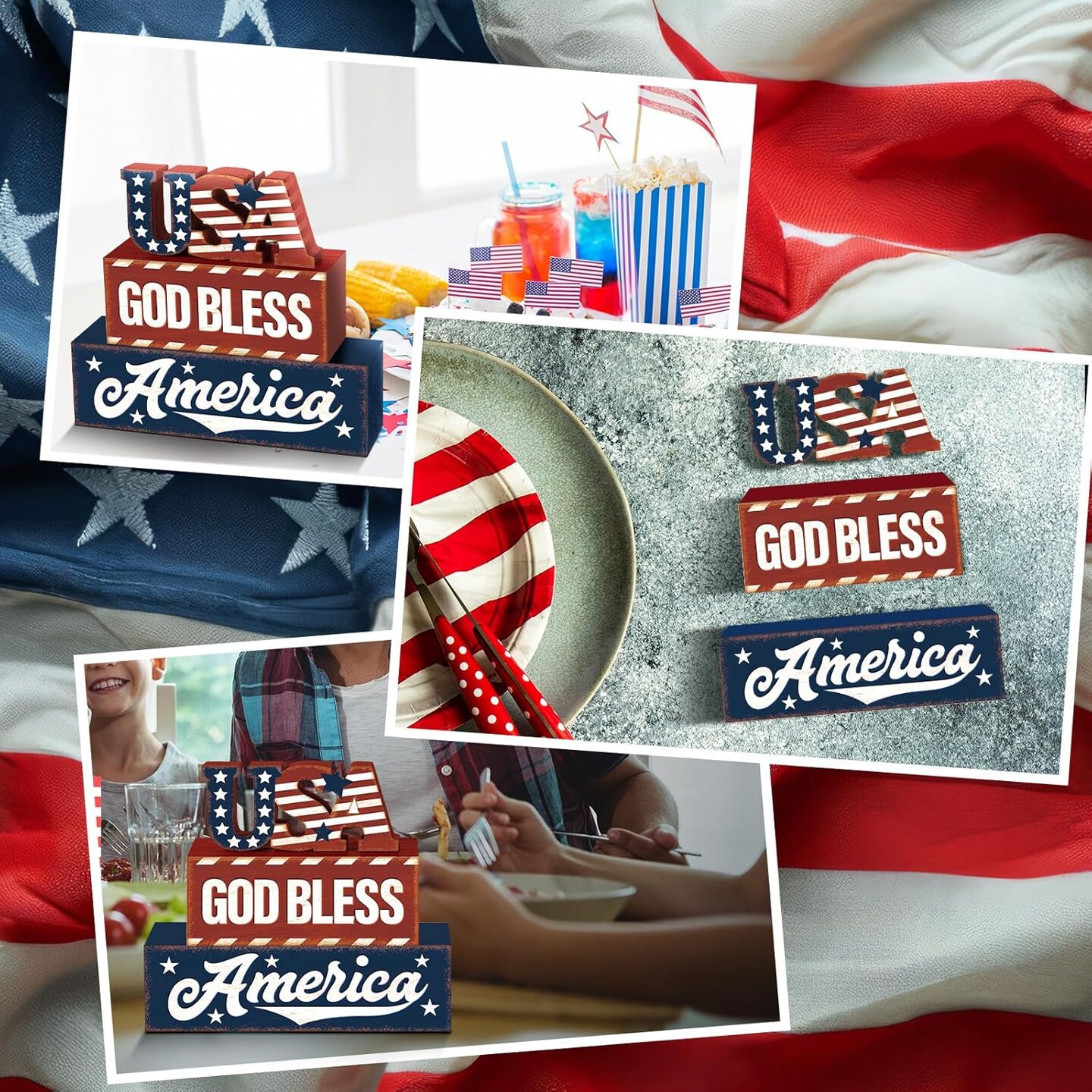 3 Pcs Farmhouse 4th of July Patriotic Table Sign Independence Day Table Wood Decorations Patriotic Themed Rustic Farmhouse Wood Block Sign for Party Home Desk