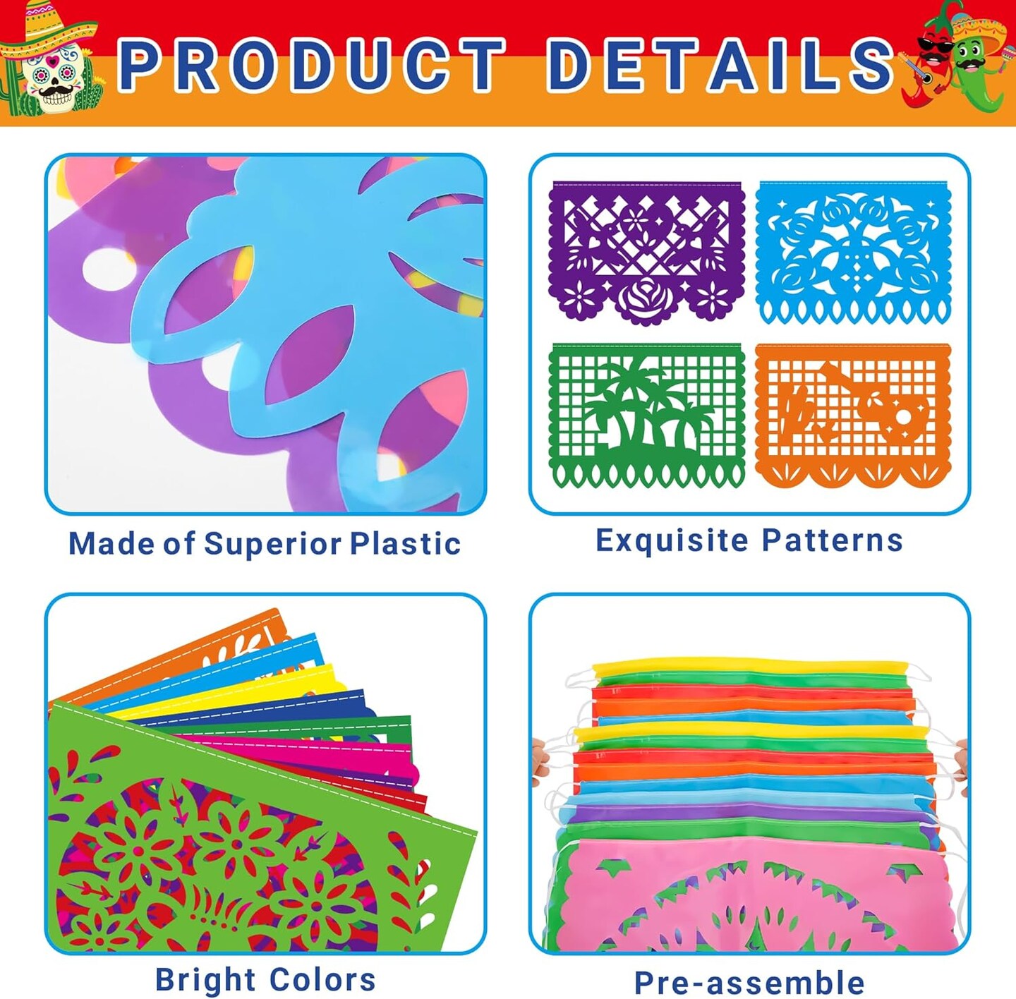 36 FT Cinco De Mayo Decorations, 2 Pack Mexican Party Banner, Plastic Fiesta Banner Colorful Papel Picado Hanging Banner String Flags Mexican Theme Party Dia De Los Muertos Day of the Dead Decor