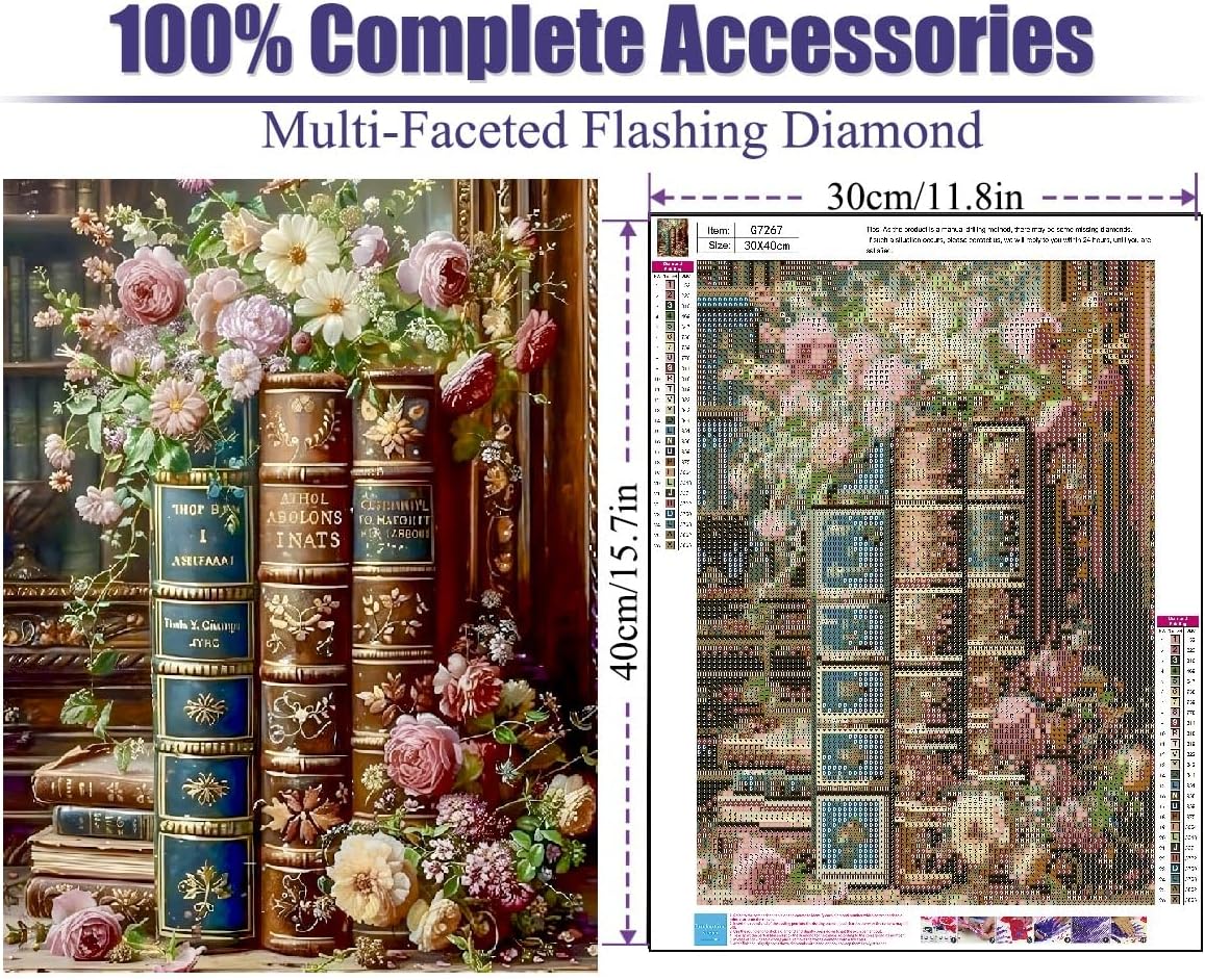 Books Diamond Art Painting Kits for Adults,Flowers Diamond Painting Kits for Beginners,5D Full Drill Diamond Dots,Gem Art Crafts for Adults Wall Decor 12x16inch