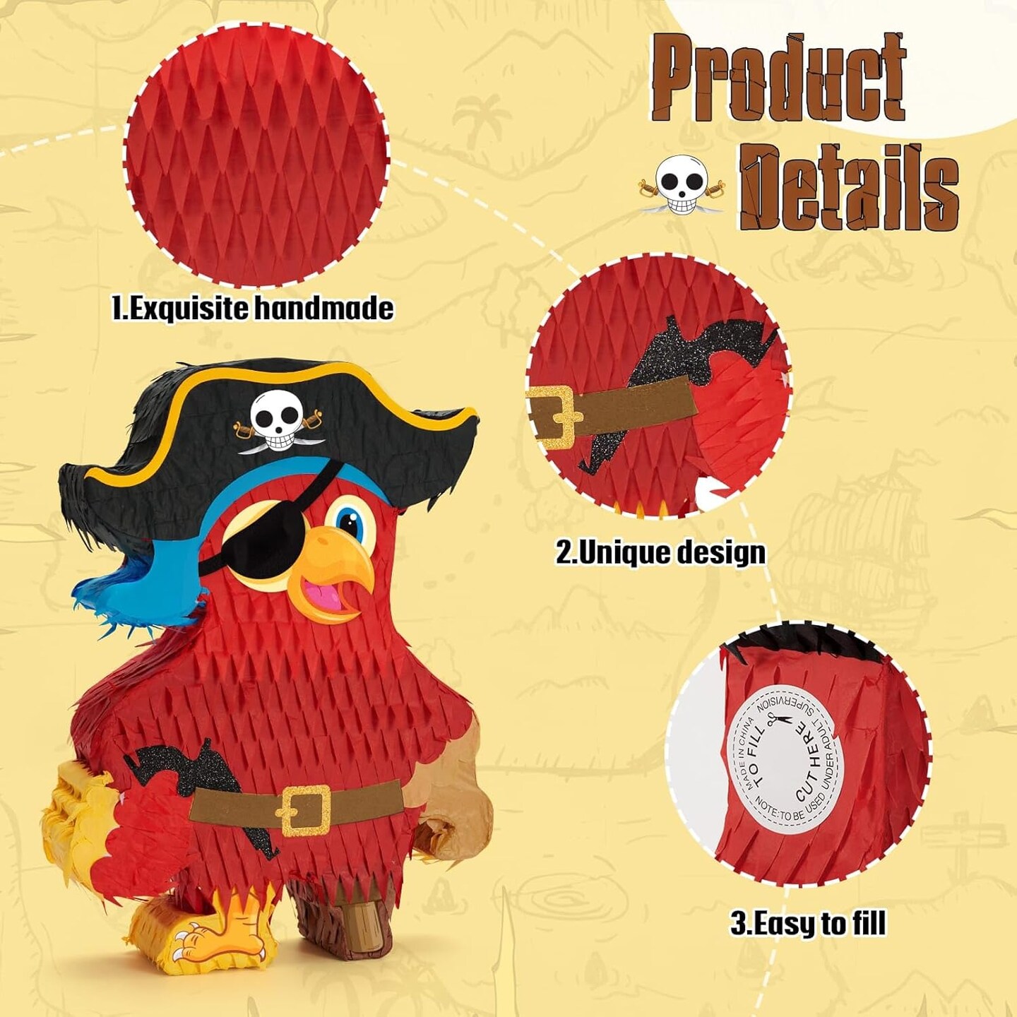 Pirate Pi&#xF1;ata - Pirate Parrot Pi&#xF1;ata with Blindfold and Bat for Boys&#x27; Birthday Party Adventure Theme Decorations