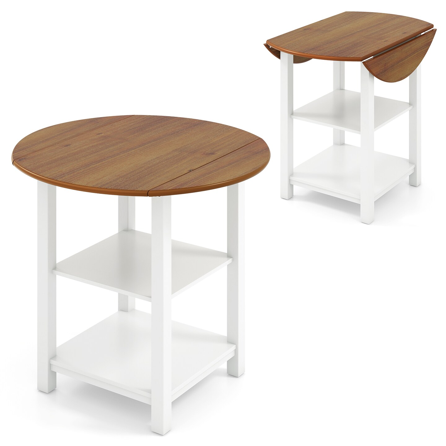 White Folding Dining Table with Storage and Rubber Wood