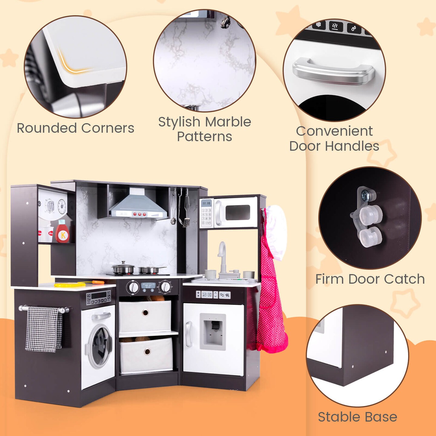 Costway Wooden Kids Play Corner Kitchen with Realistic Lights &#x26; Sounds Lighted Range Hood Brown/Grey