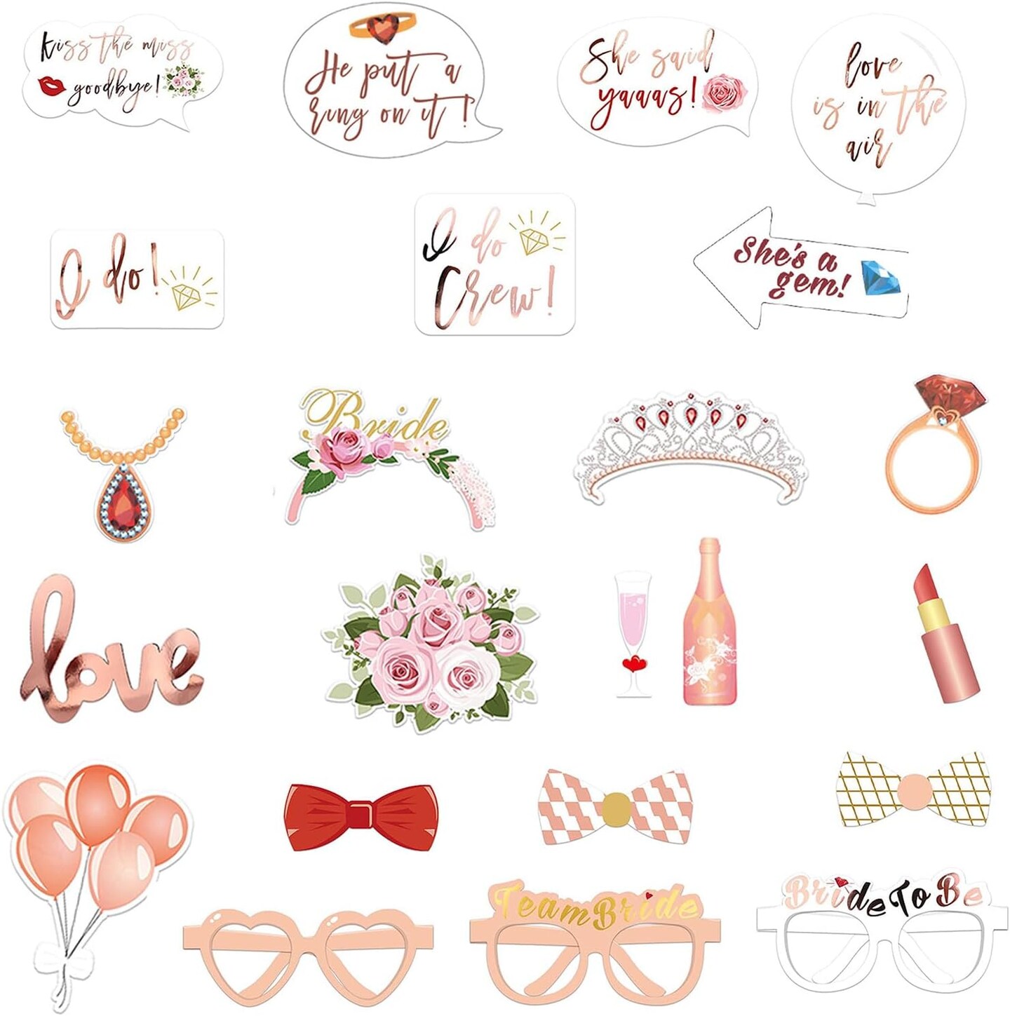 Wedding Photo Booth Props, Bachelorette Party Decorations, Engagement Party Decorations in Rose Gold, Pink with Glitter 23 pcs Pre-Assembled Funny Props Welcome to Seller Assistant Please log in to your account to start working Log in