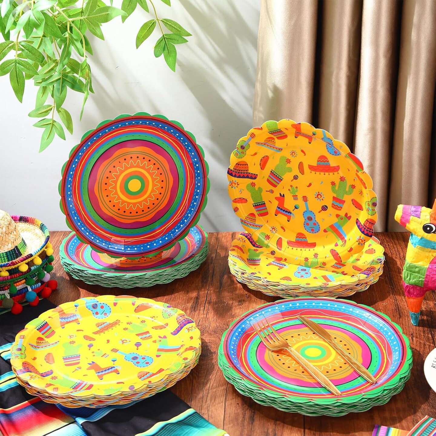 100 Pack 9 Inch Mexican Paper Plates Fiesta Dinner Plates Cinco De Mayo Disposable Tableware for Mexican Taco Tuesday Birthday Party Decorations Supplies(Classic)