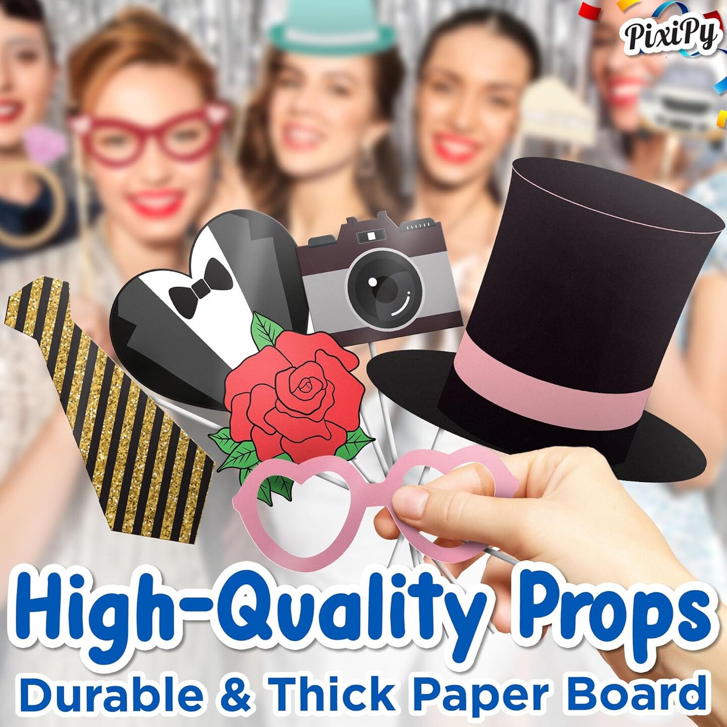 Photo Booth Props - 70 Pieces, Multicolored - Fun Photoshoot Party Selfie Accessories - Silly Group Picture Favors for Wedding Reception, Anniversary, Engagement, or Shower