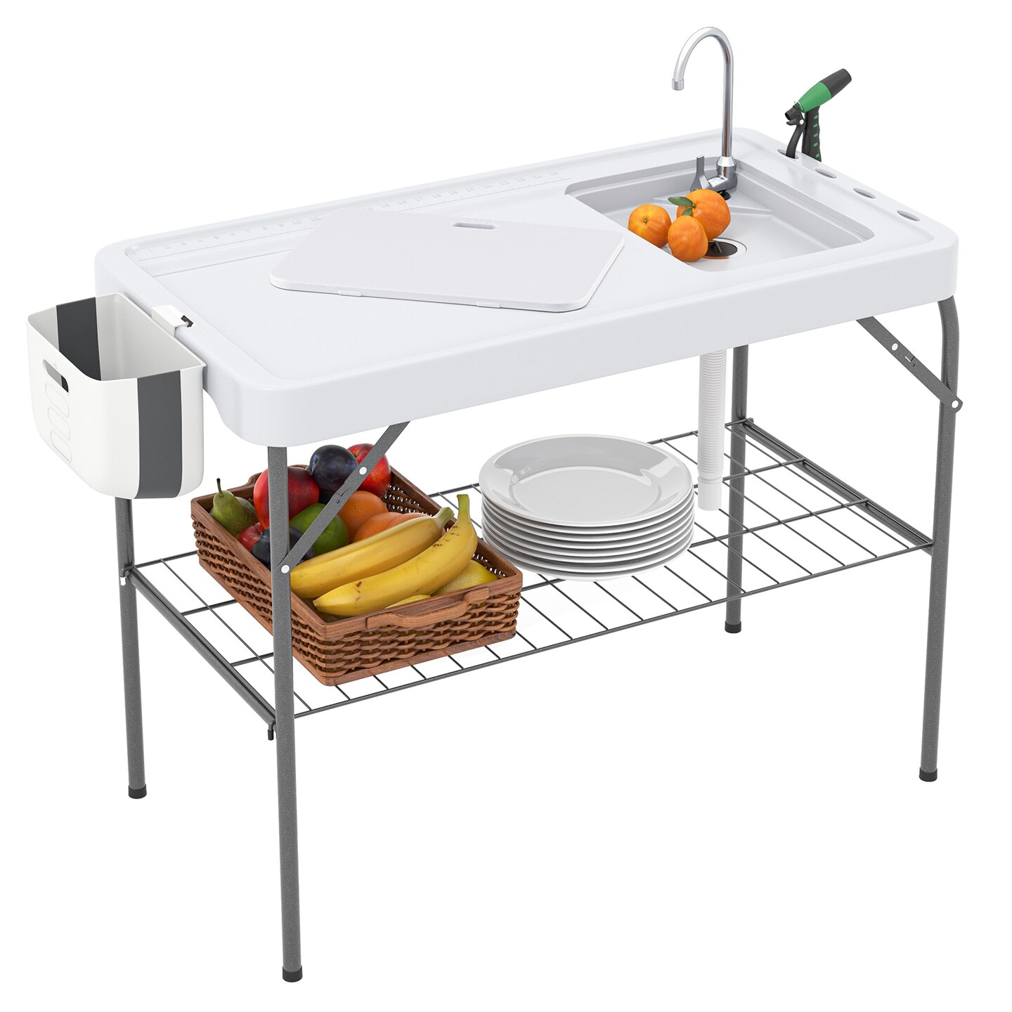 2 in 1 Foldable Fish Cleaning Workstation with Adjustable Drain Hose and Metal Frame