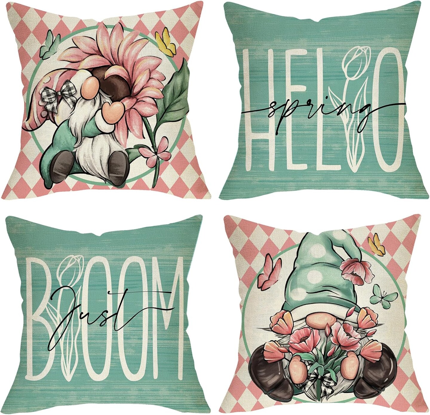 Hello Spring Gnome Sunflower Decorative Throw Pillow Covers 18 x 18 Set of 4, Tulip Flower Just Bloom Teal Porch Outdoor Home Decor, Pink Floral Butterfly Seasonal Couch Cushion Case