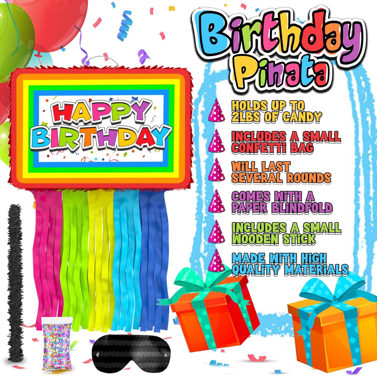 Birthday Pi&#xF1;ata 4-Piece Set great for Boy, Girl, and Adult party. Happy Birthday Decorations, fun &#x26; unique style, fits candy party favors (16&#x201D;X10&#x201D;) durable!