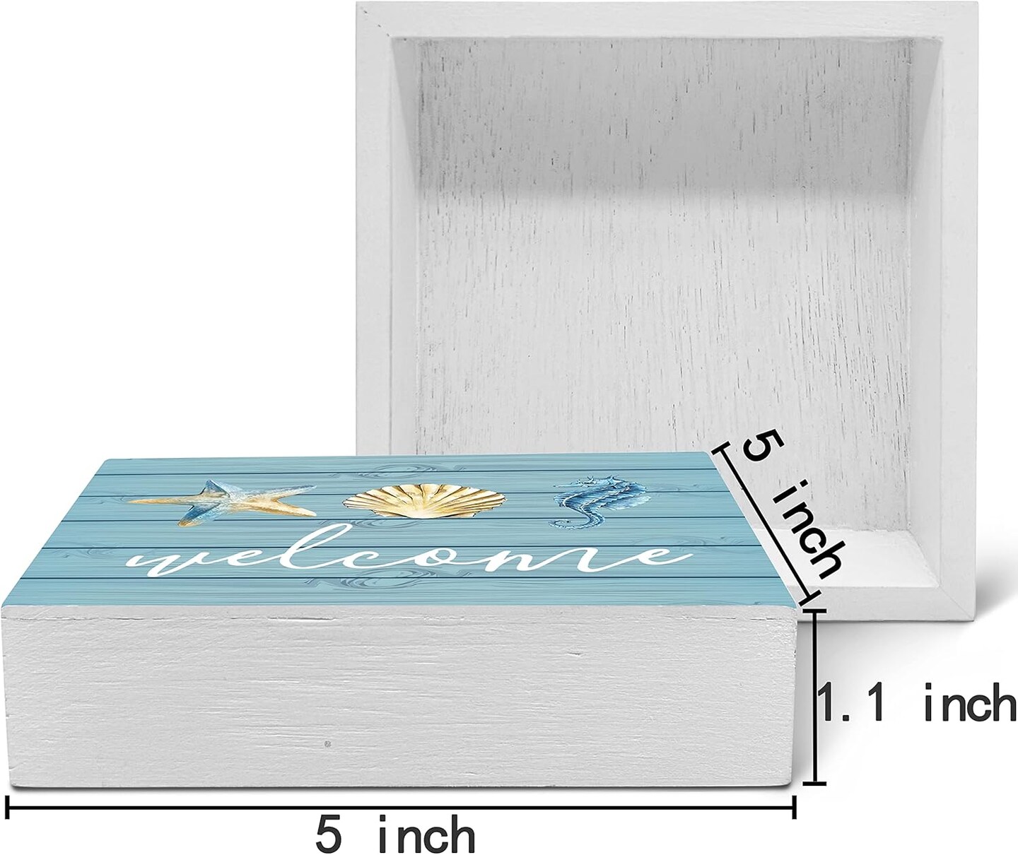 Rustic Summer Beach Wood Box Sign &#x2013; Teal Seashell, Seahorse &#x26; Starfish Tabletop Decor for Coastal Beach House or Shelf Display