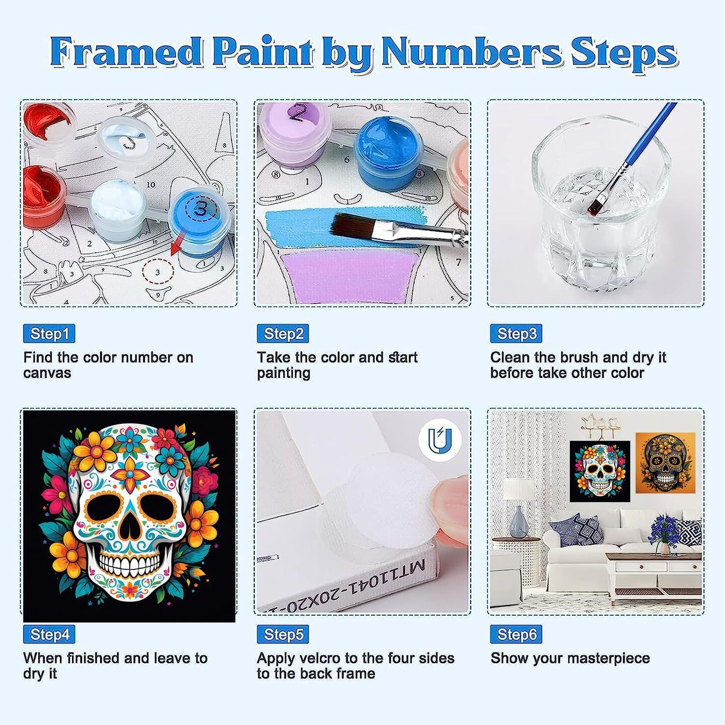 Skull Paint by Numbers Kit for Adults - 2 Pack Halloween Number Painting for Adults - Acrylic Easy Horror Skeleton Painting by Numbers with Frame - Adult Paint by Number Kits 8x8inch