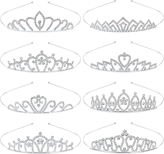 8 Pack Birthday Tiaras for Girls, Rhinestone Crystal Princess Crowns, Silver Headbands Tiara