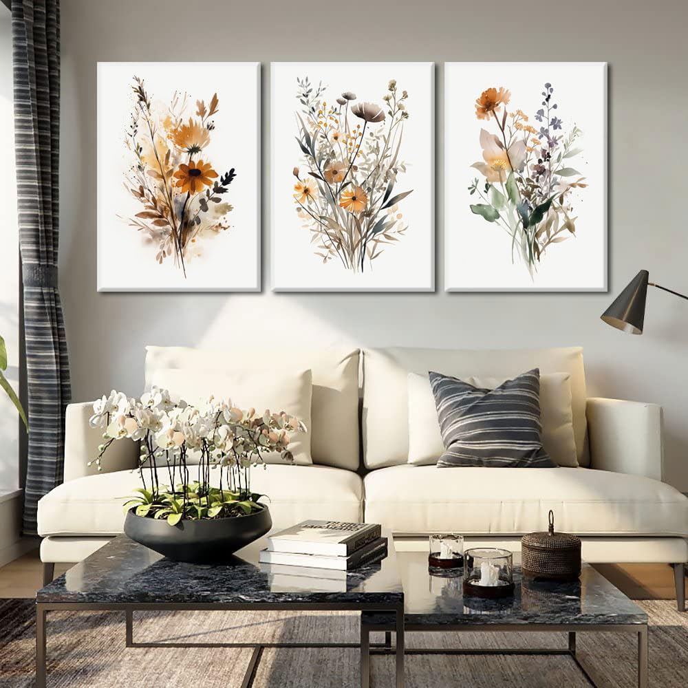 Summer 3 Pcs Framed Floral Plants Wall Decor, Vintage Minimalist Wildflower Picture Posters, Colorful Country Flower Artwork, Abstract Watercolor Landscape Canvas Prints for Garden and Farmhouse Wall Decor