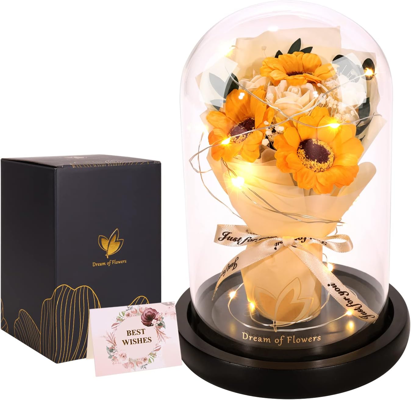 Mothers Day Sunflower Gifts for Mom,Flower Rose in Glass Dome with 2 Lighting Mode,Sunflower Gifts for Her,Artificial Forever Flowers Birthday Gifts for Women Mom Wife Girlfriend