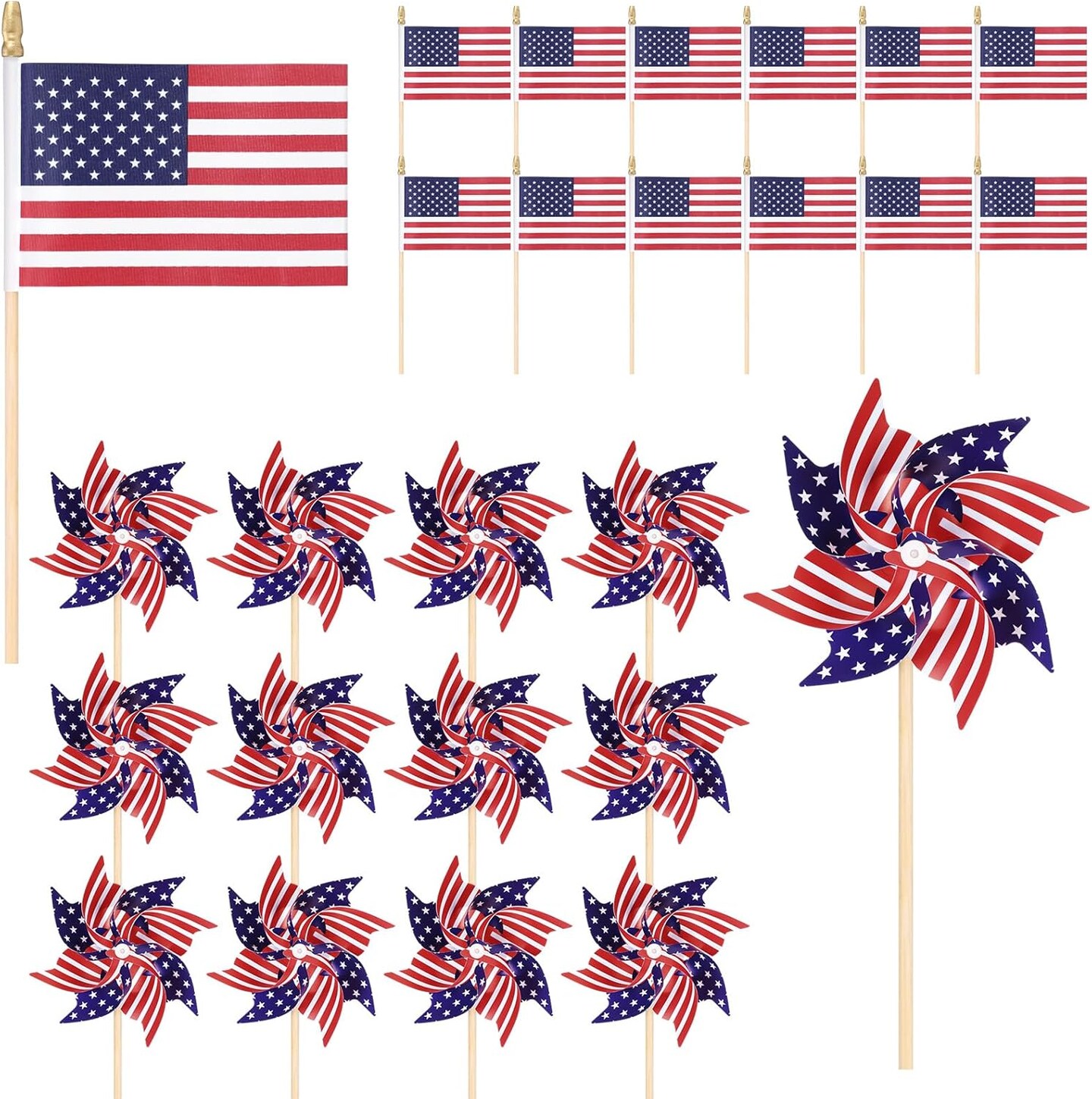 48 Pcs Outdoor 4th of July Decorations Patriotic America Flag and Pinwheel Decoration Memorial Day Wind Spinner with Stake Red White Blue Windmills Flag on Stick