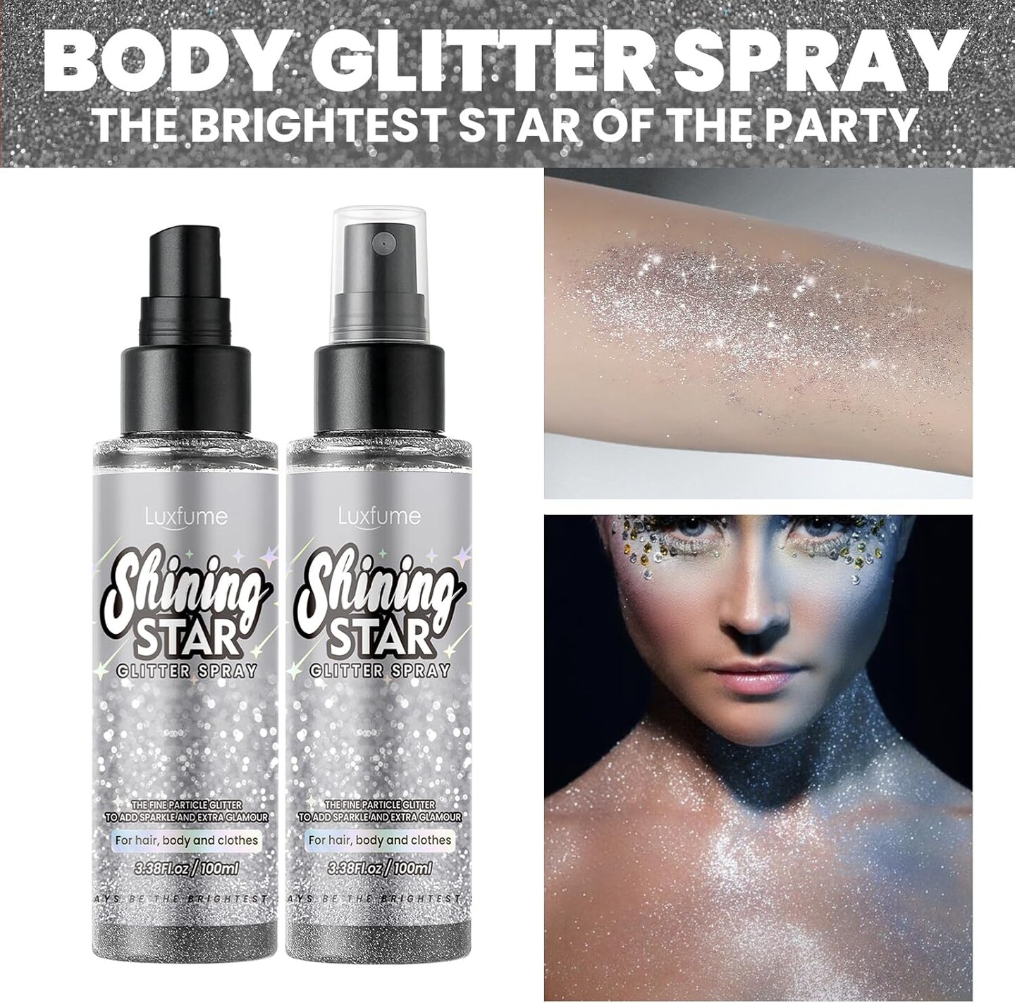 Glitter Spray for Hair and Body,Silver Body Glitter Spray,Quick-Drying and Waterproof Glitter Hairspray,Nozzles are not Easily clogged&#xFF0C;Long-Lasting Body Shiny Spray for Stage Makeup, 3.38Oz