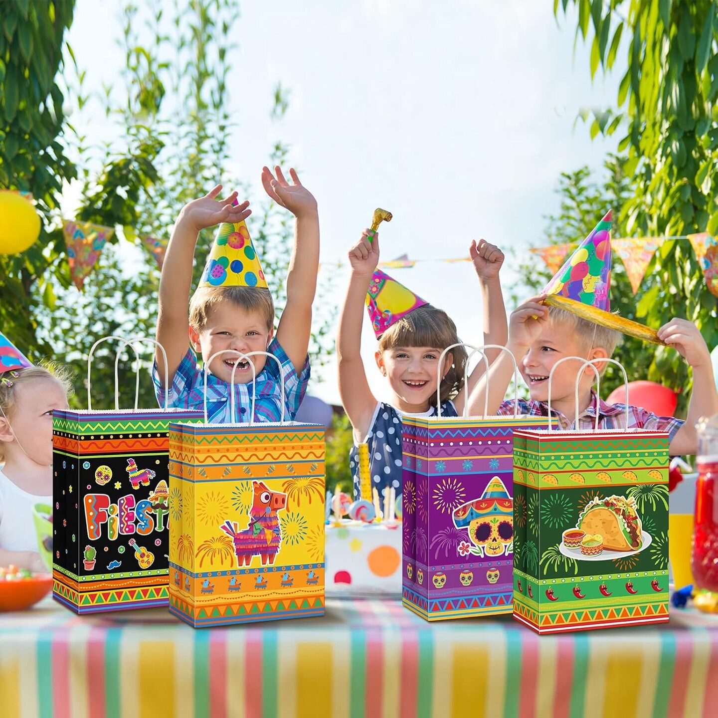 18 Packs Fiesta Party Favor Bags with Handles, Cinco De Mayo Candy Mexican Themed Paper Gifts Bags for Birthday Baby Shower Bridal Mexico Party Favor Supplies