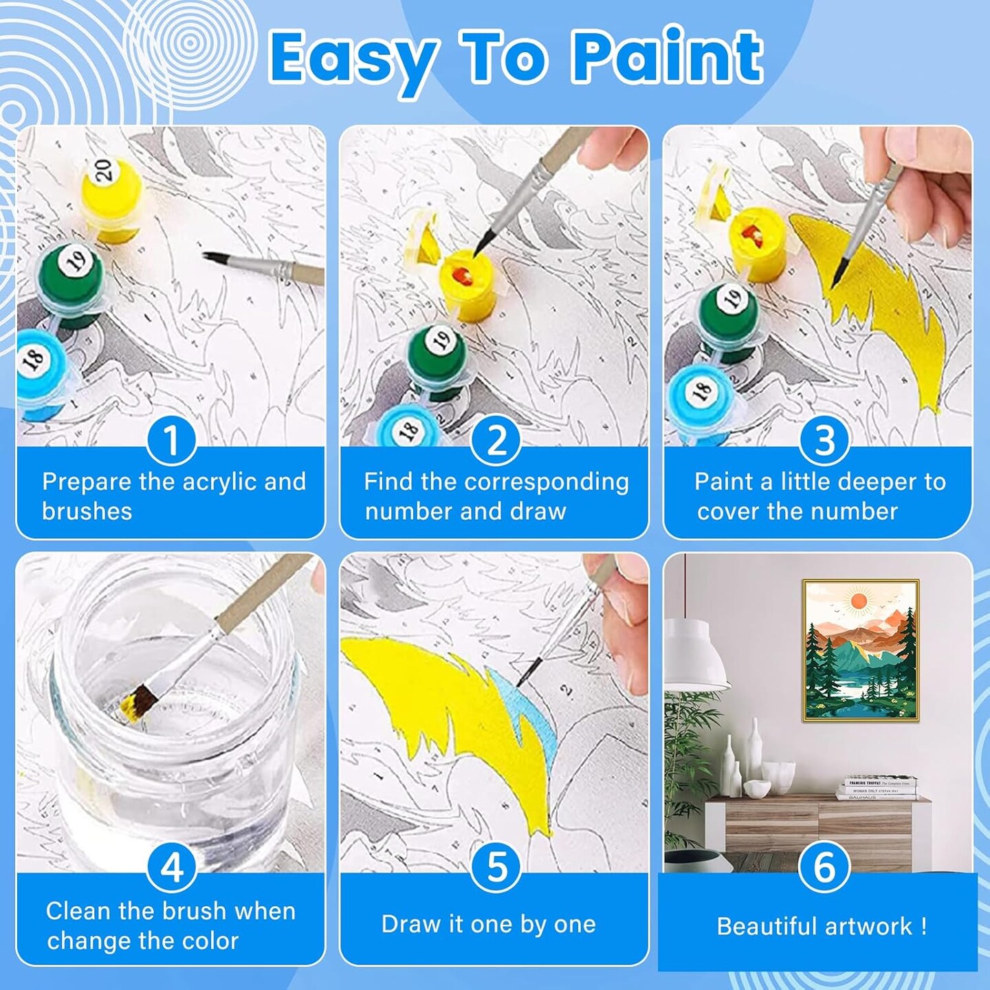 Landscape Paint by Numbers Kit for Adults Beginner, Sun & Mountain Paint by Number Canvas,Acrylic Abstract Paint with Numbers for with 3 Pcs Paintbrushes Home Wall Decor Gift (16 x 20 in)