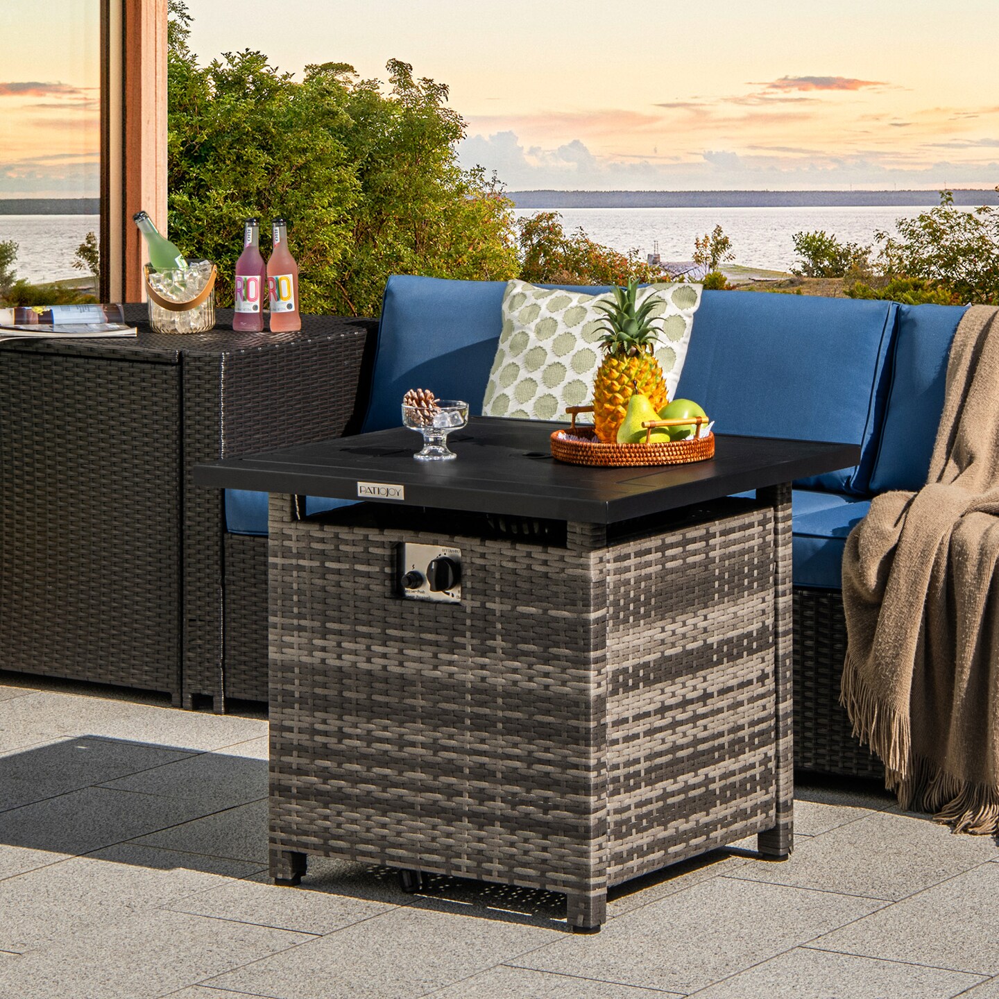 Grey Rattan Fire Pit Table with Lid – 50,000 BTU and Convertible