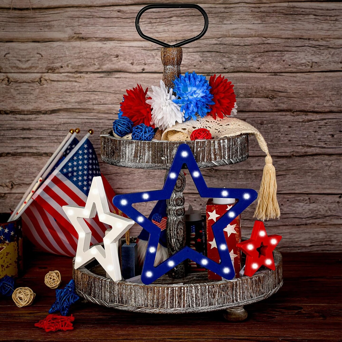 3 Pieces 4th of July Star Tabletop Decorations Patriotic Star Light up Wooden Sign Independence Day Tabletop Centerpiece Red White Blue Wood Decor for Memorial Day Tiered Tray Table Home Decor