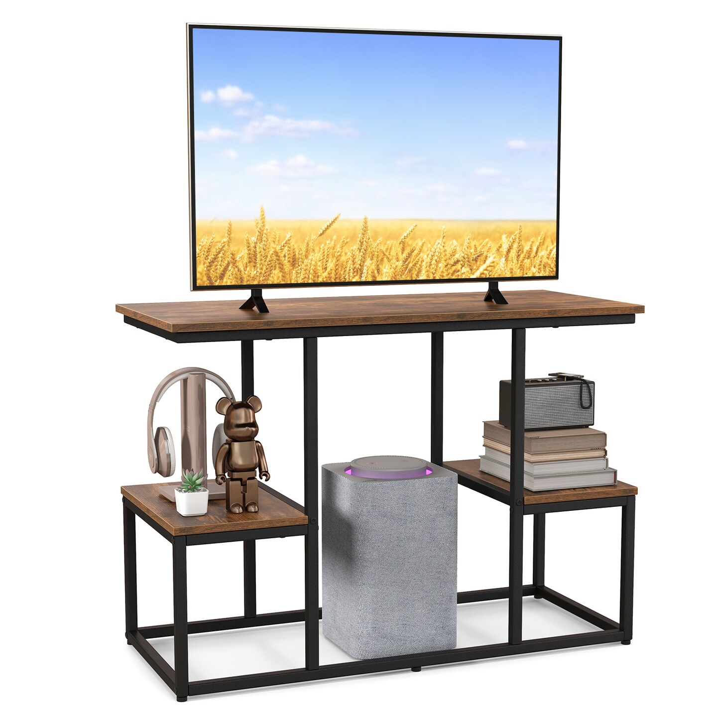 Rustic Brown Wood TV Stand for 50&#x22; TVs, Metal Frame and Storage Shelves