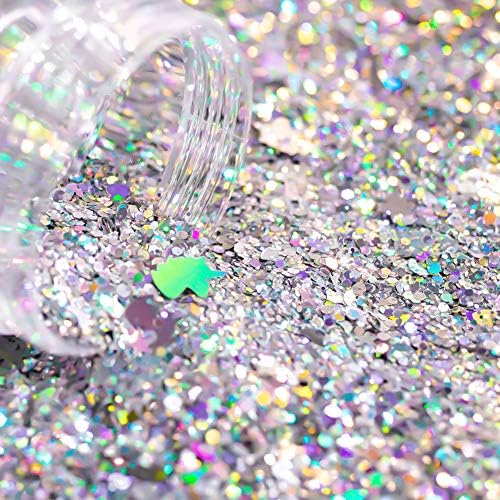 Silver Holographic Chunky Glitter Cosmetic Body Hair Face Eye Nail for Festival Carnival Concert Party Beauty Rave Accessories Different Sizes&#x26;Shapes 2 Pots 14g/0.5oz+ Quick Dry Primer Glue Gel