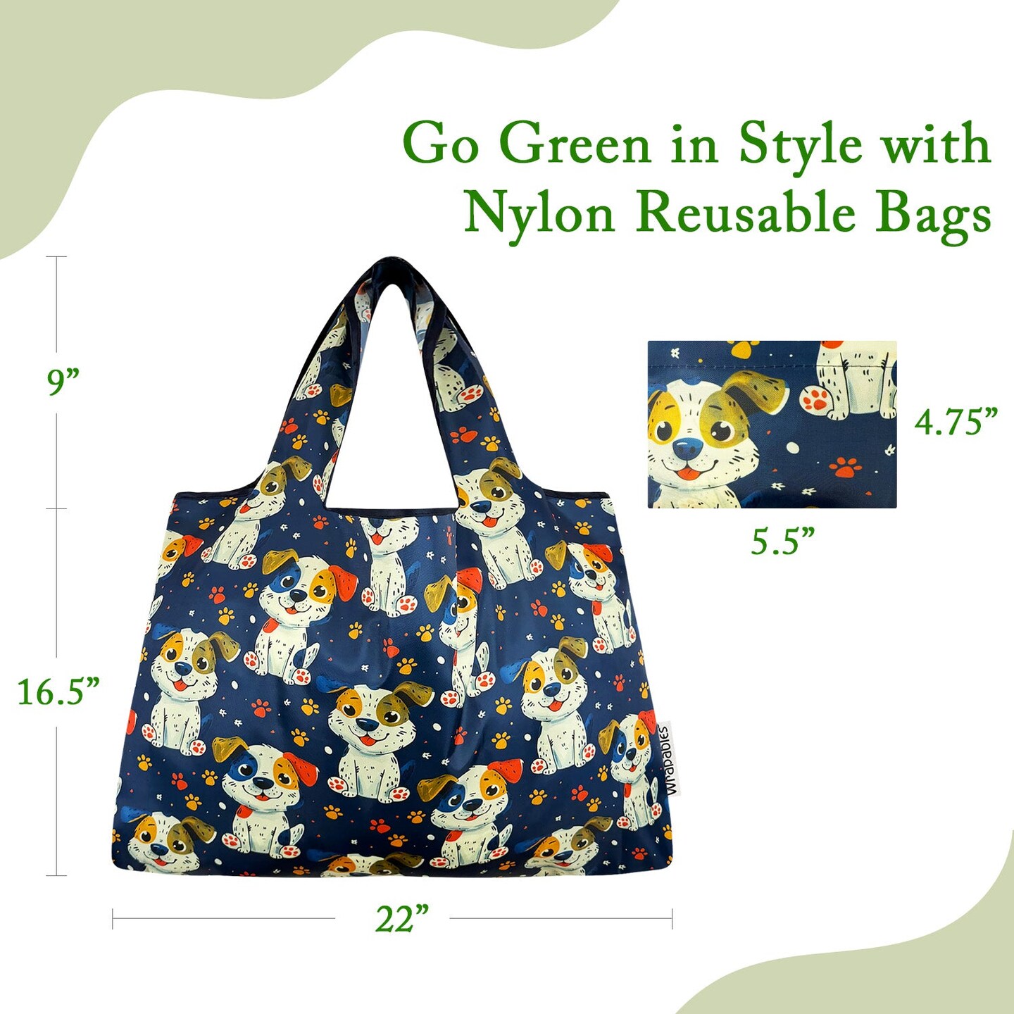 Wrapables Large Foldable Tote Nylon Reusable Grocery Bags, Puppies and Paws