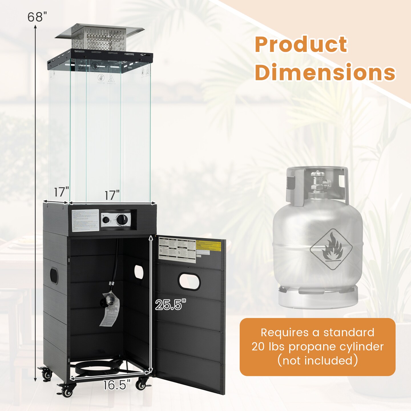 Black Outdoor Propane Gas Heater with Glass Tube and 4 Universal Casters