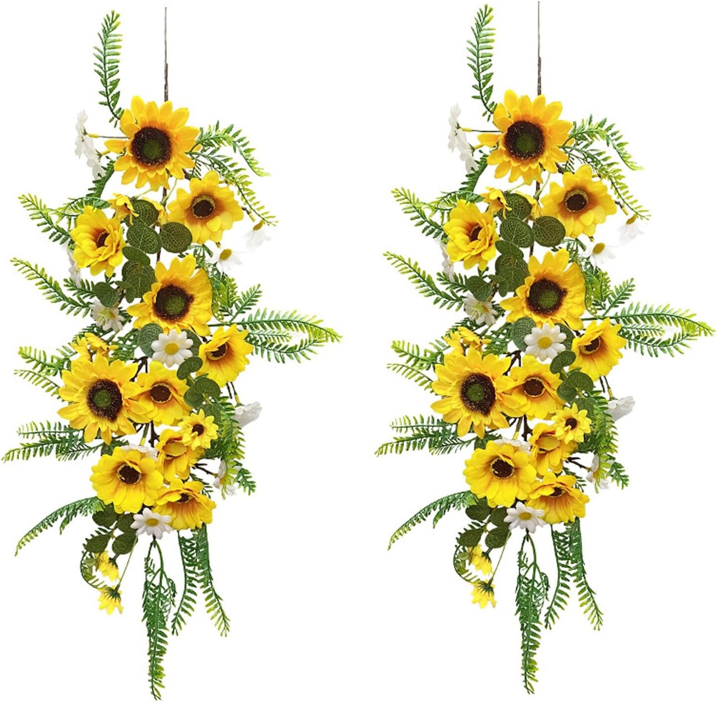 Summer 2PCS Artificial Sunflower Garland &#x2013; Silk Sunflower Vine with Green Leaves and White Flowers for Home, Kitchen, Garden, and Wedding Arch Decor
