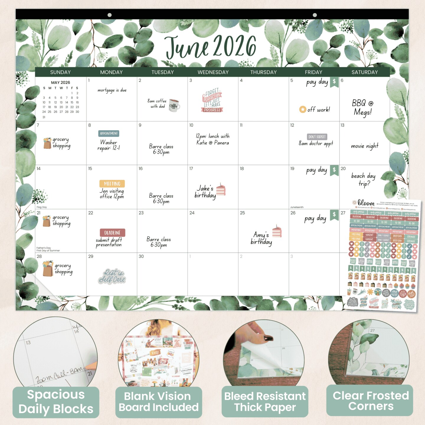 bloom daily planners 2025-26 Academic Desk & Wall Calendar, 16" x 21", Greenery