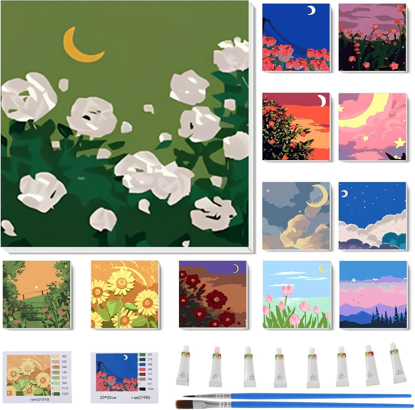12-set paint by numbers kit for adult beginners—each 8×8-inch framed canvas with acrylic paints, perfect for DIY painting parties, classroom activities, and creative birthday gifts.