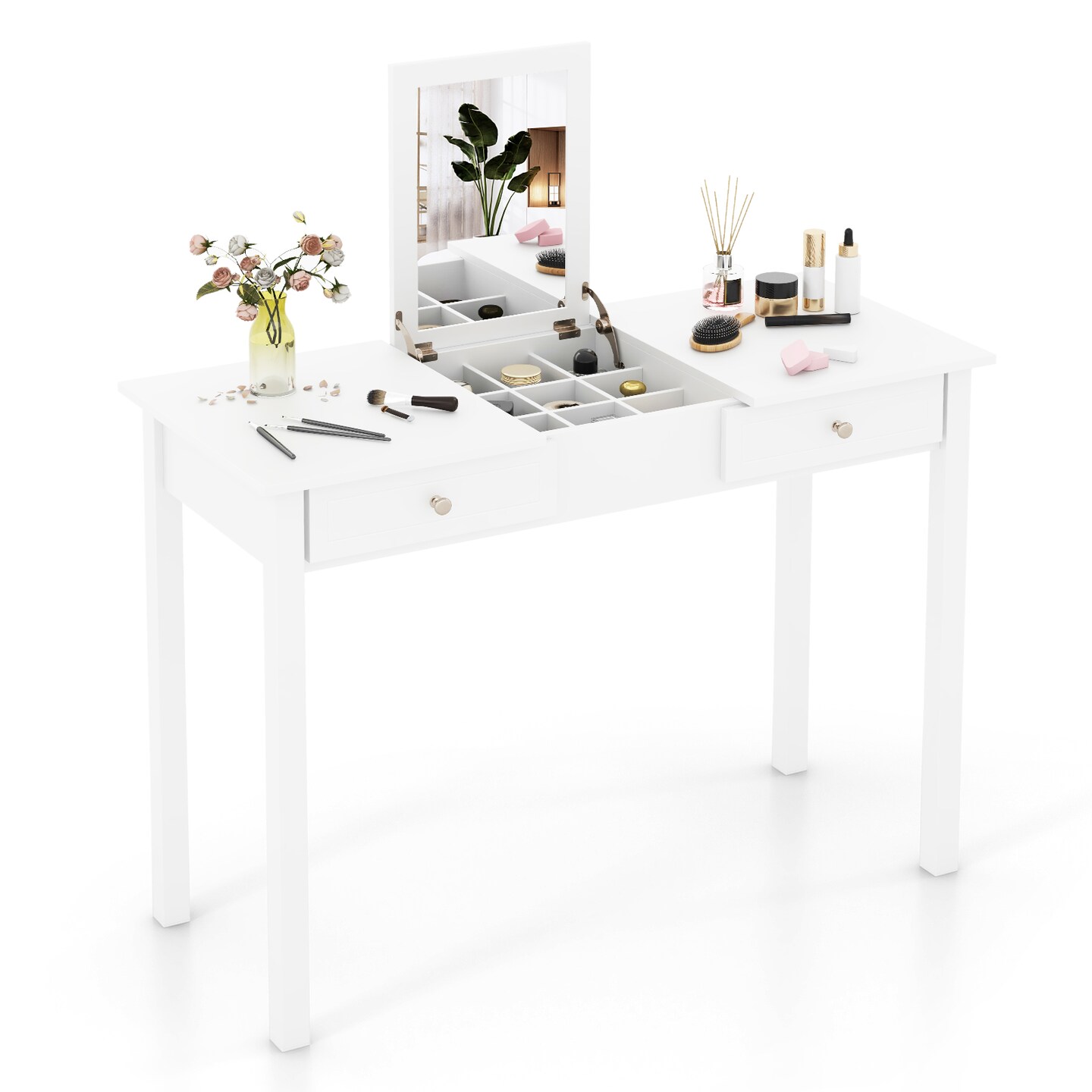 White Vanity Dressing Table with Flip Top Mirror and Storage Drawers 9 Hidden Storage Compartments