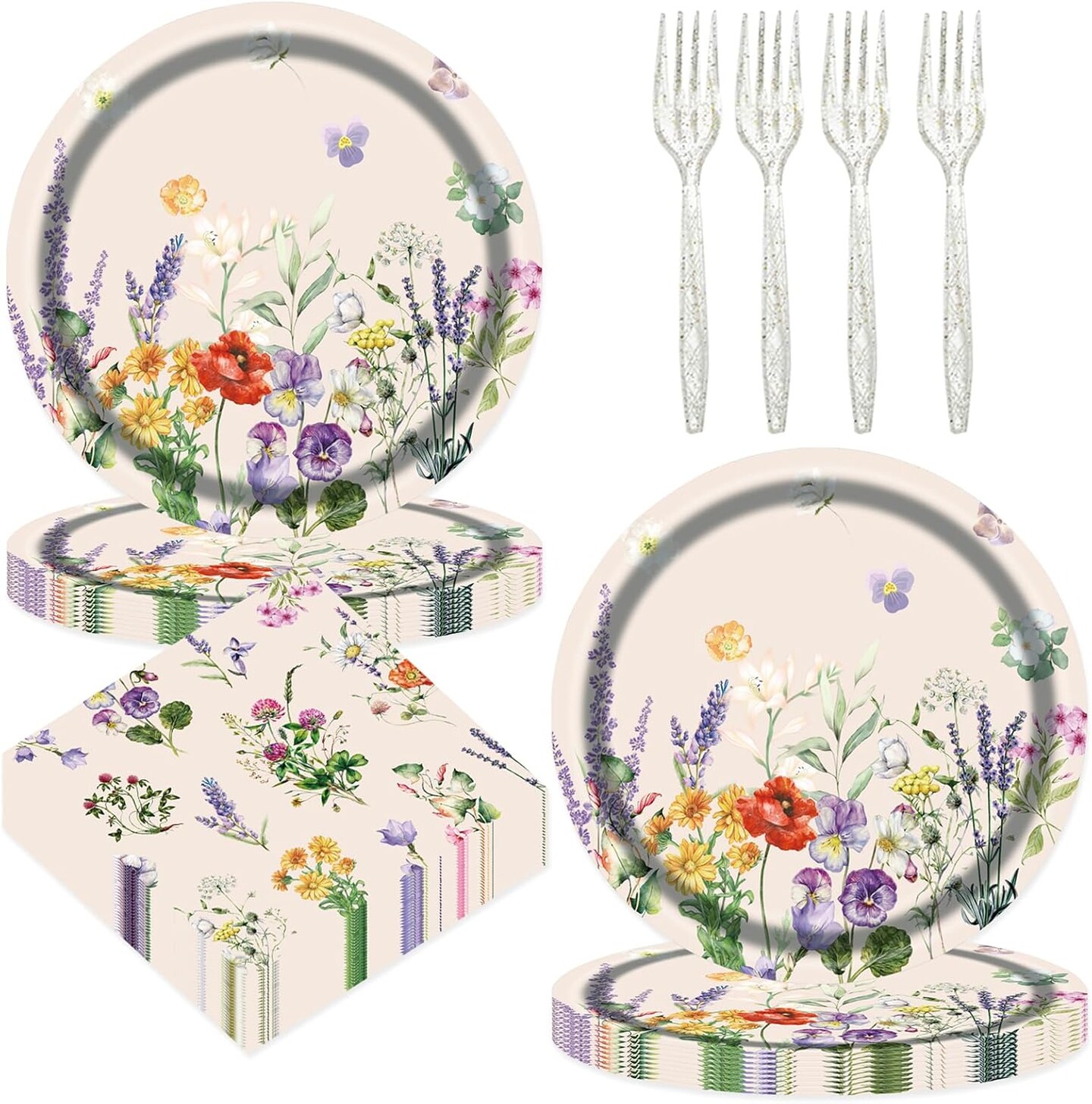 75pcs Floral Disposable Tableware Set, Spring Floral Paper Party Supplies Plates Napkins Wildflower Dinnerware Favors for Baby Shower Girls Women Birthday Tea Picnic Serve 25 Guests