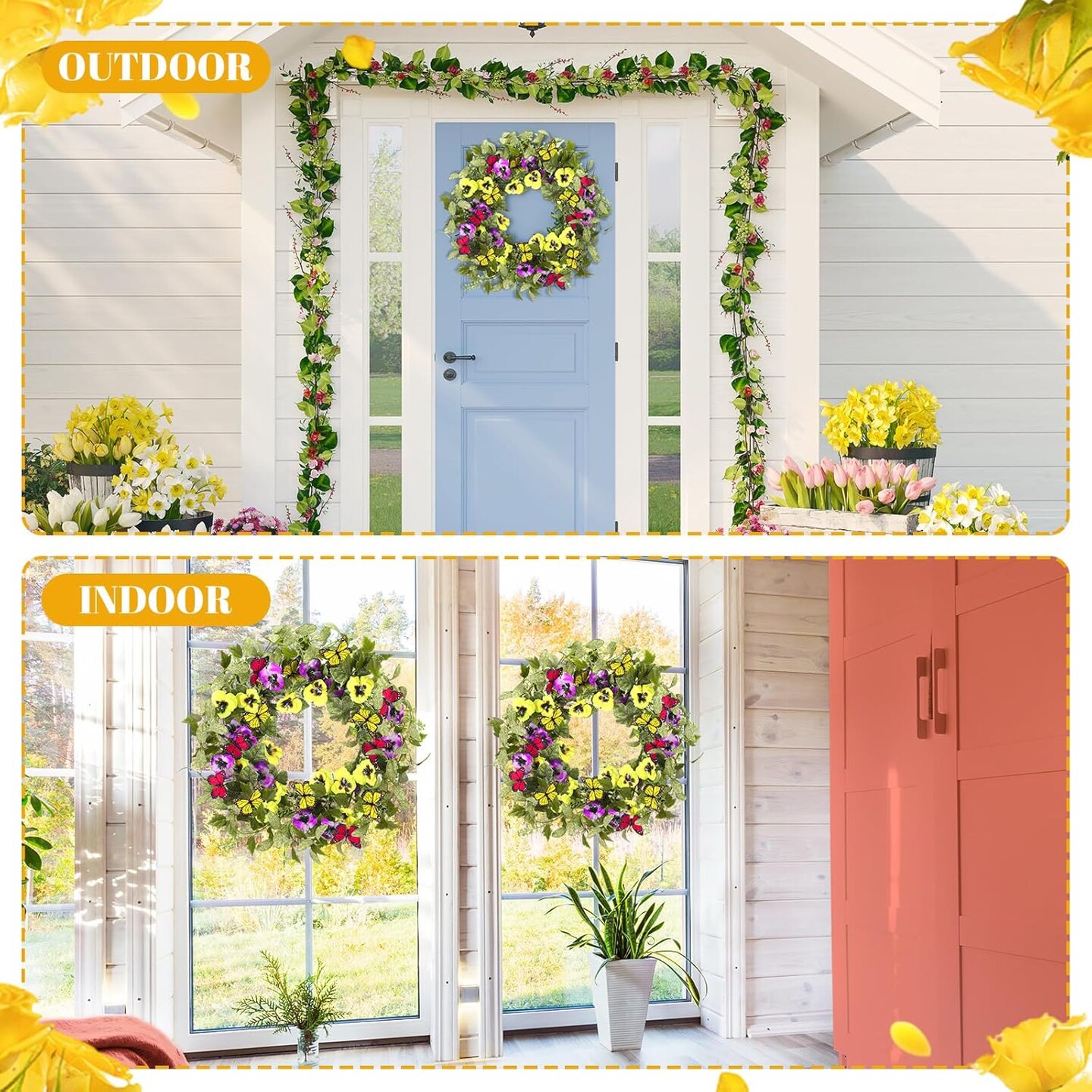 2 Pcs Summer Door Wreaths for Front Door &#x2013; 22&#x27;&#x27; Artificial Yellow and Purple Pansy Wildflower Wreaths for Indoor and Outdoor Home Decor