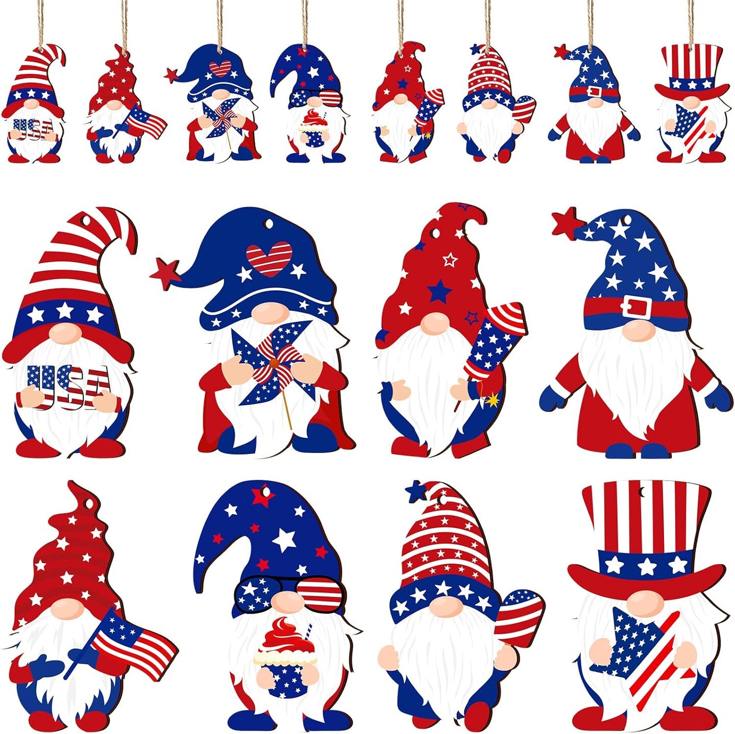 4th of July Gnome Ornaments Independence Day Hanging Decorations Patriotic Tree Decor Wooden Red White and Blue Wooden Gnome Hanging Decoration for Independence Memorial Day Party(24 Pieces)