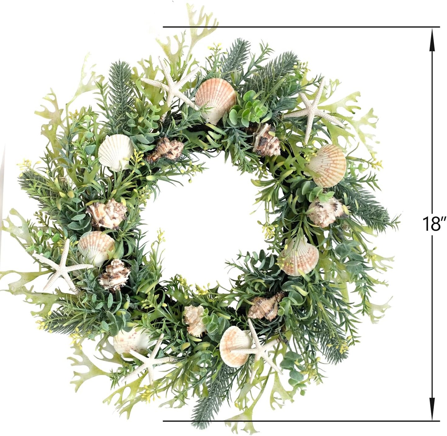 18 Inch Seashell Wreath with Green Leaves &#x2013; Rustic Farmhouse Coastal Wreath with Starfish and Conch Shells for Front Door, Wedding, and Summer Home Decor
