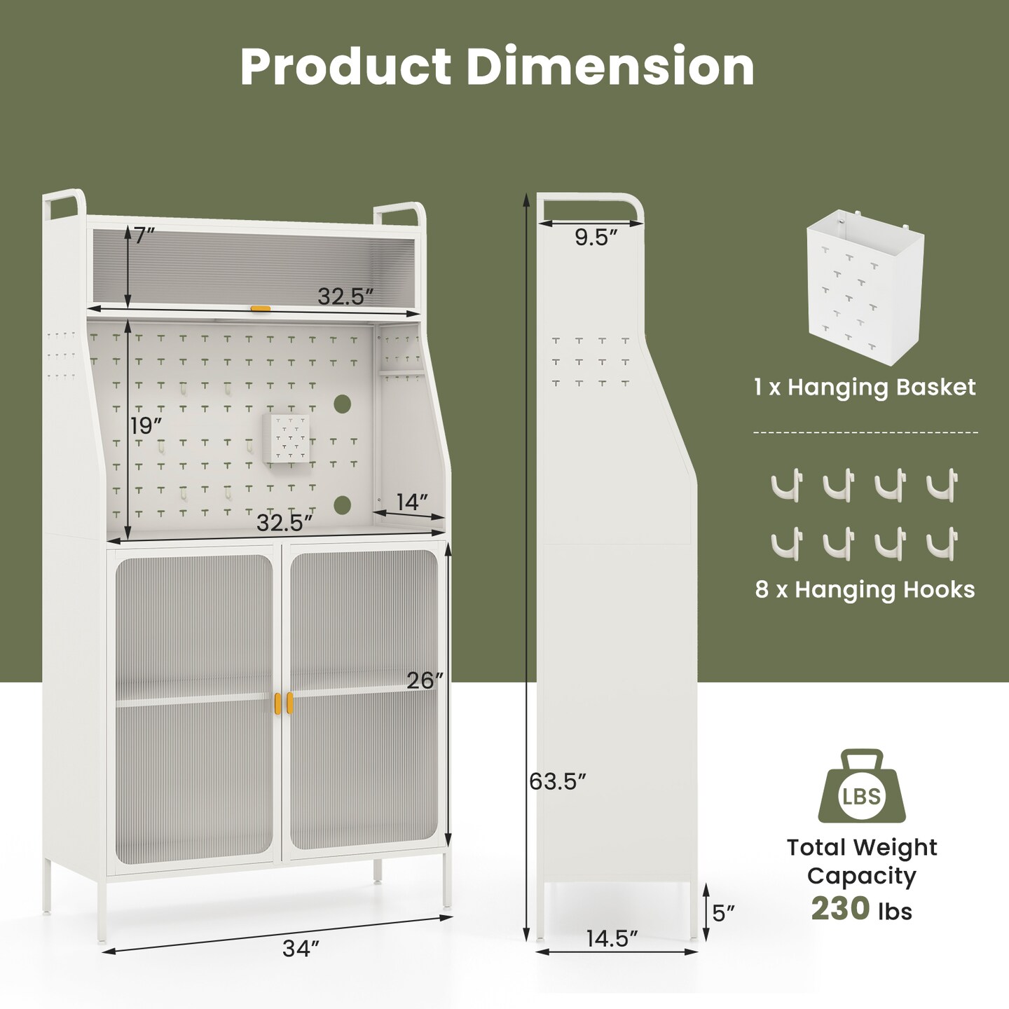 White 5-Tier Metal Bakers Rack with Flip-up Magnetic Door and 5-Position Adjustable Shelf