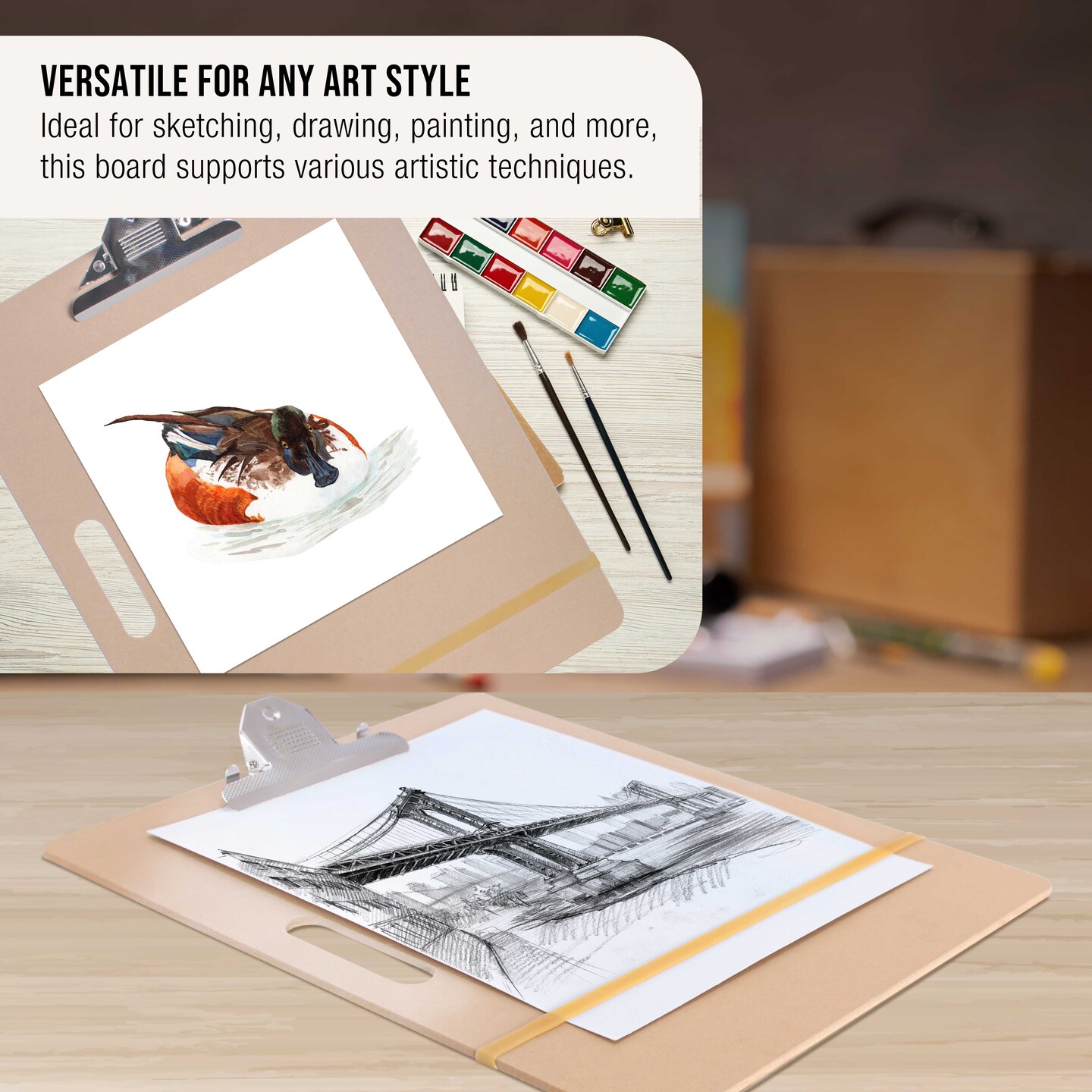 11&#x22; x 17&#x22; Artist Sketch Tote Board - Lightweight Hardboard Drawing Board with Handle, Clip &#x26; Rubber Band for Art, Sketching, Travel, Studio