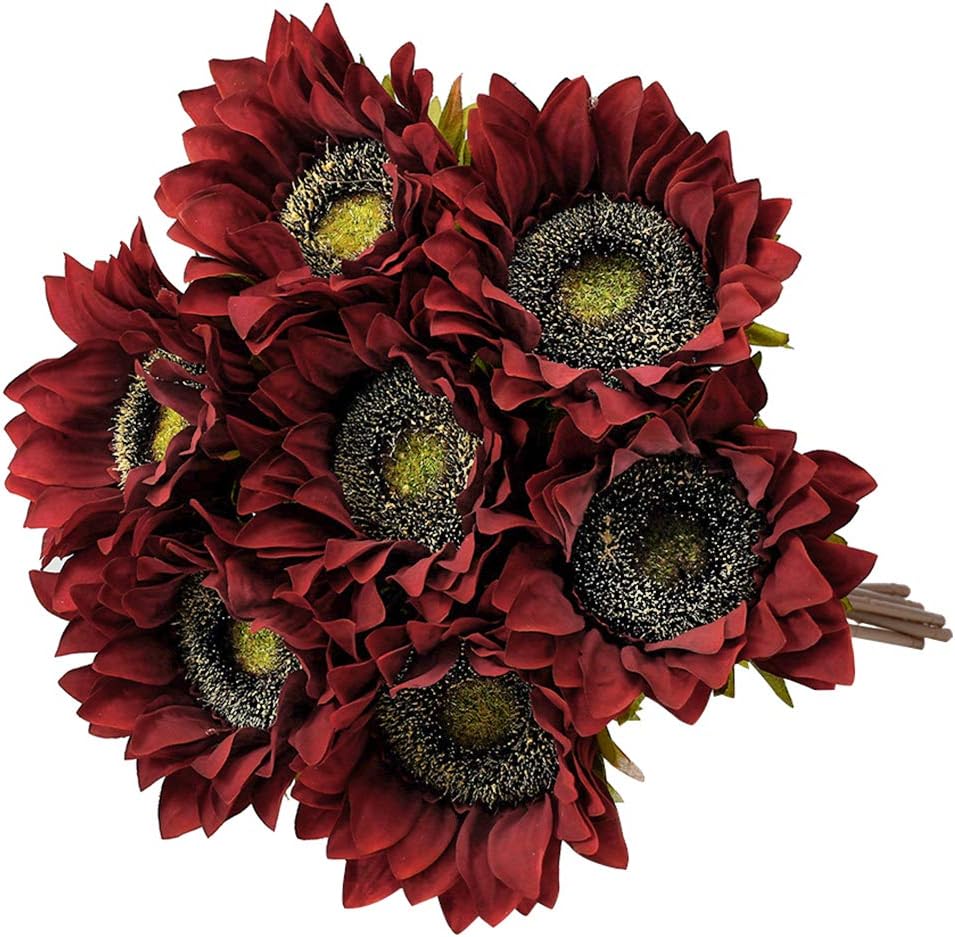 Summer Floral Arrangement - 7PCS Artificial Burgundy Sunflowers with Silk Flowers