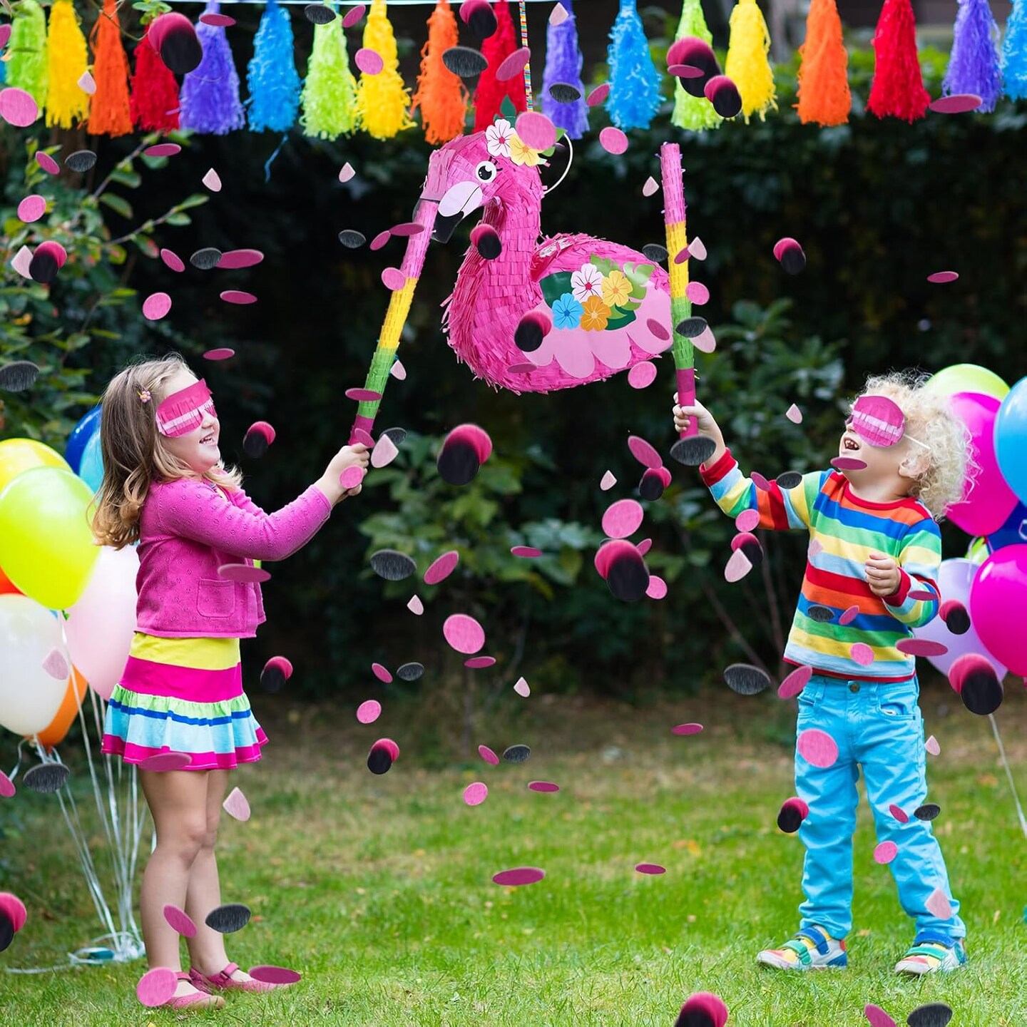 Pink Flamingo Pi&#xF1;atas Hawaiian Flamingo Pi&#xF1;atas with Stick, Blindfold and Confetti, Flamingo Pi&#xF1;atas for Kids Birthday Party Fiestas Decorations Hawaii Summer Theme Anniversary Celebration