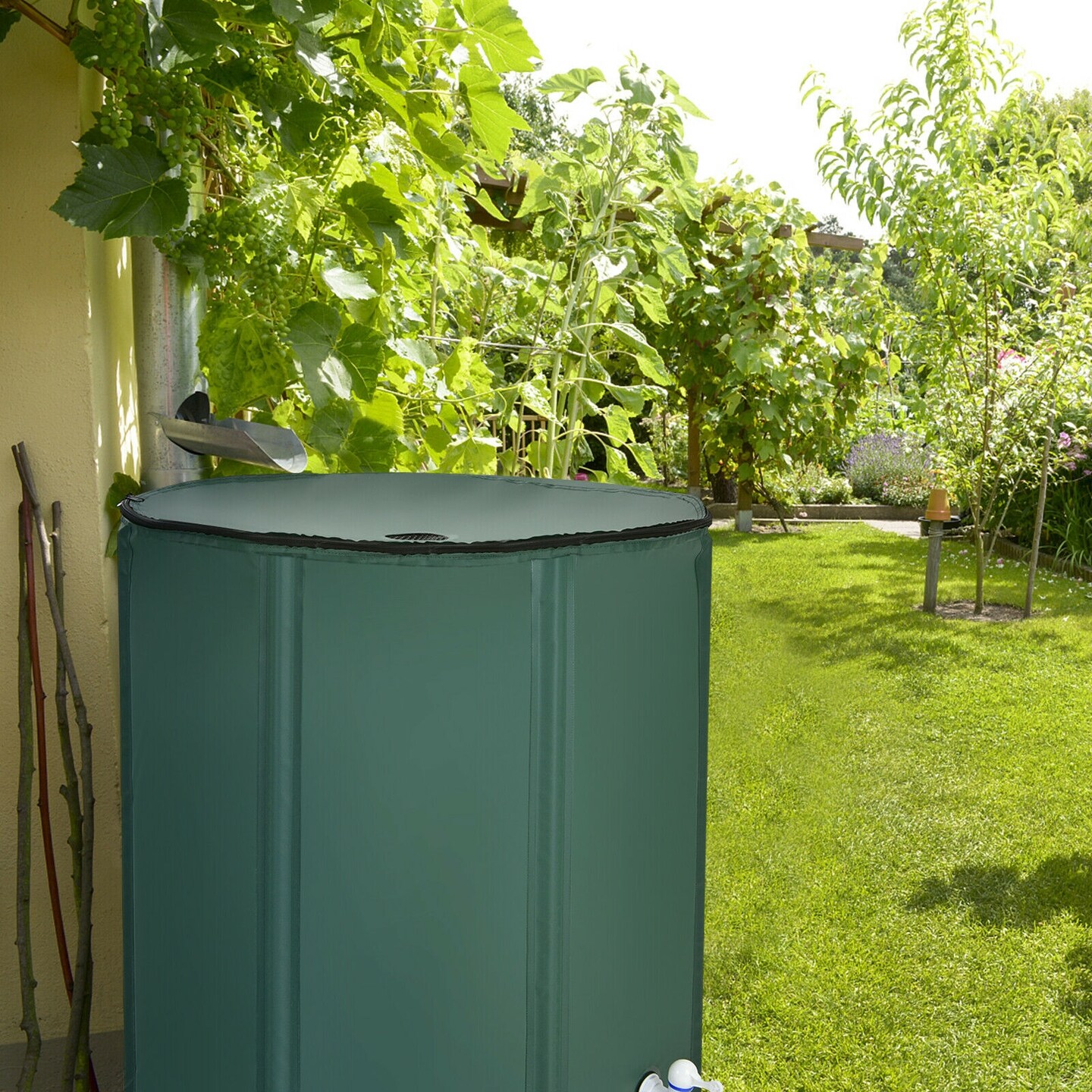 100 Gallon Green Foldable Portable Rain Barrel Water Collector Tank with Spigot Filter and Mesh Top