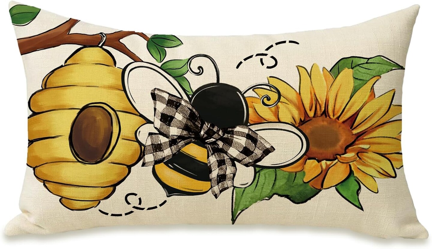 Honeycomb Sunflower Flower Porch Patio Outdoor Pillowcase, Beehive Floral Bow Sofa Cushion Case Home Decor