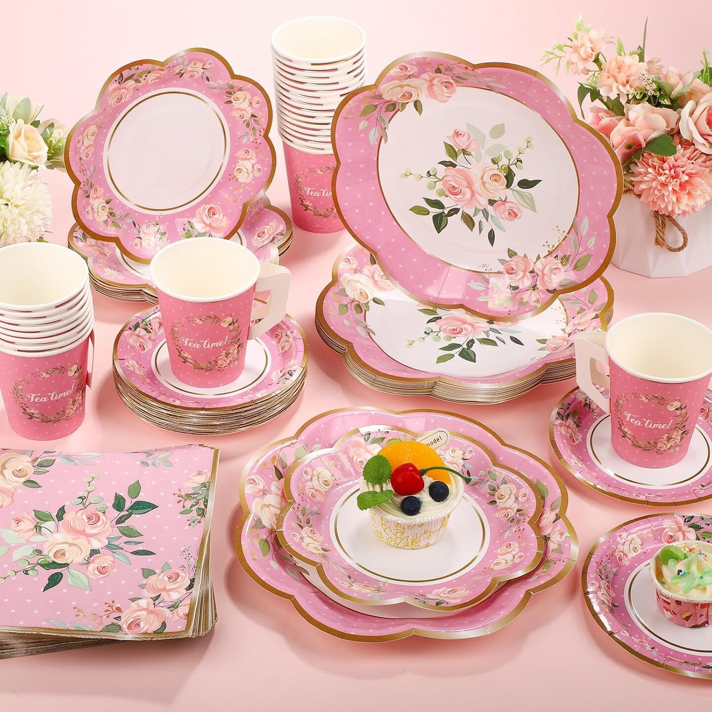 136Pcs Floral Tableware set Tea Party Supplies for 25 Floral Tea Cups with Handle 9&#x201D; 7&#x201D; Floral Paper Plates Disposable Flower Cups and Saucers Sets for Garden Birthday Bridal Wedding,Pink